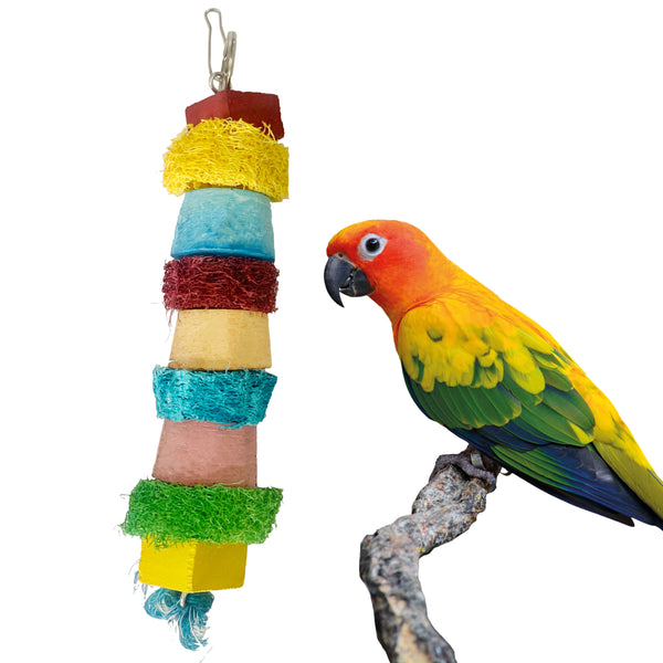 Congo®28X5 Cm Luffa with Calcium Color Block Hanging Toy for Playing and Chewing Blocks for Budgies, Cockatiels, Conure, Senegal and Other Birds (Piece of 1)