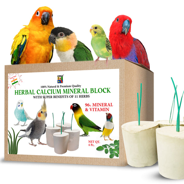 Congo® Herbal Mineral Calcium Block with Super Benefits for Finches, Budgies, Conures, Lovebirds, Cockatiels, African Grey, Macaws, Cockatoo, Eclectus and Other Birds Pack of 04 (1 Box)